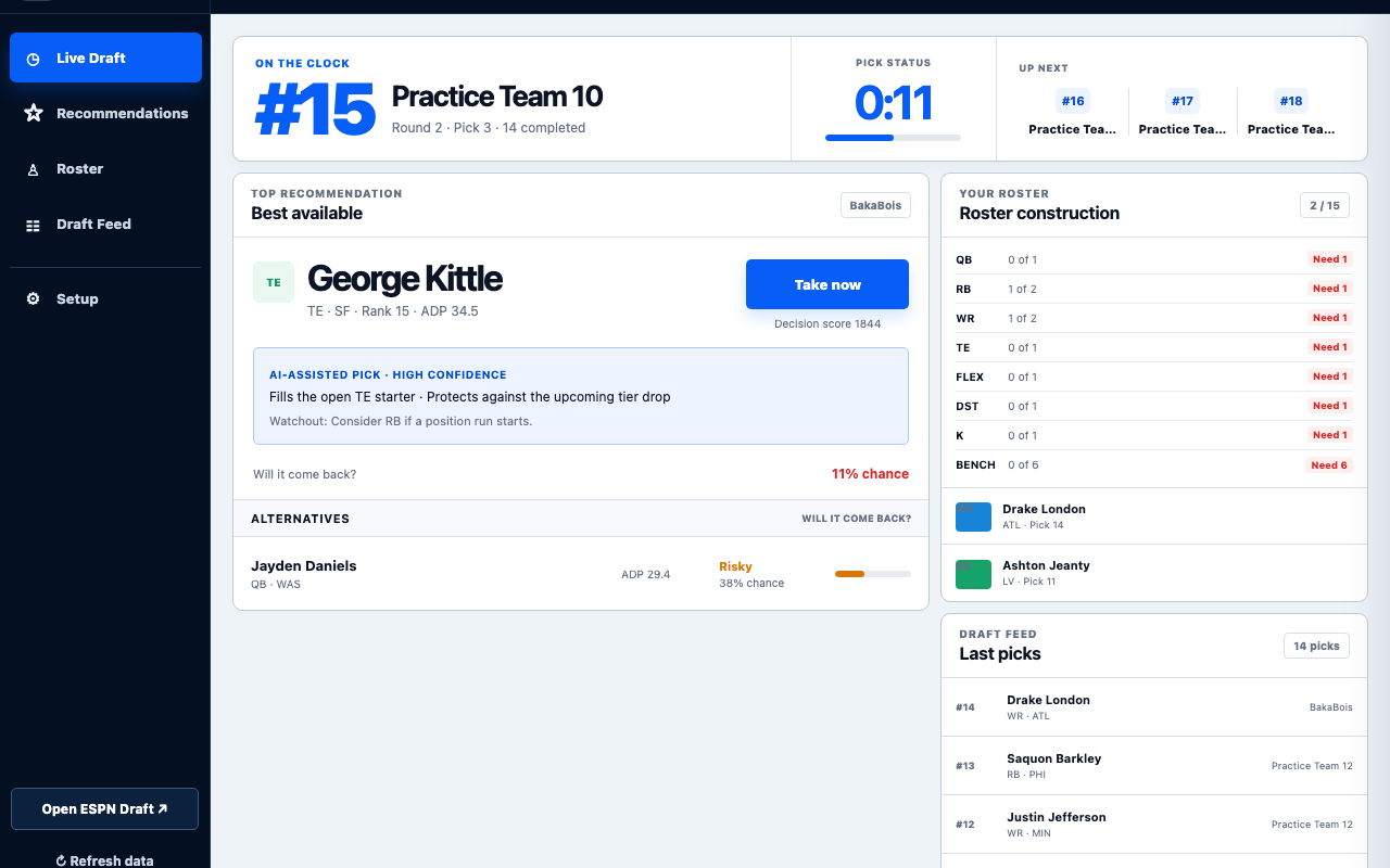 BakaBois live draft dashboard showing an AI-assisted recommendation, roster construction, and recent picks.
